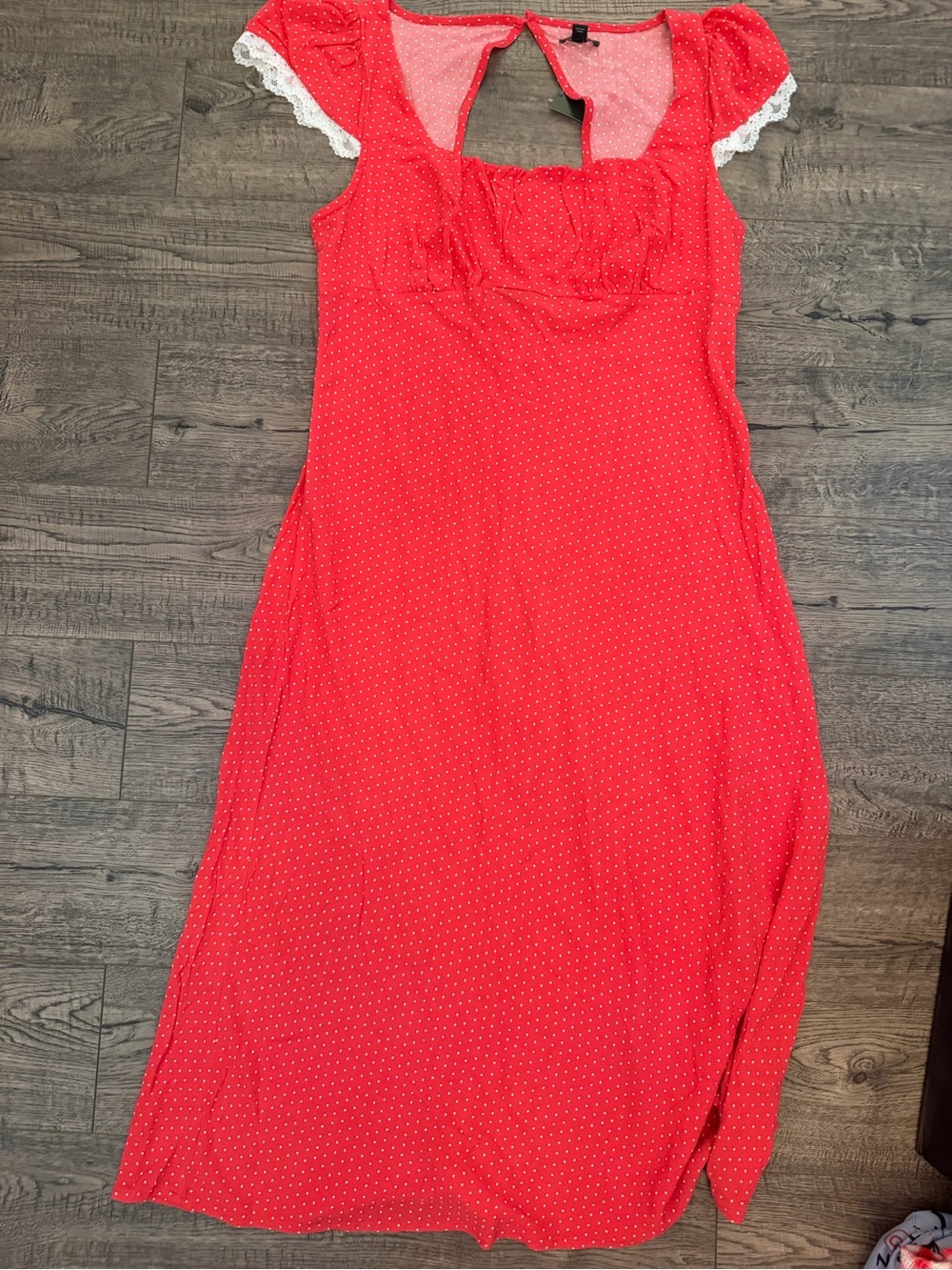 wild fable Red Polka Dot Midi Dress with Lace Trim